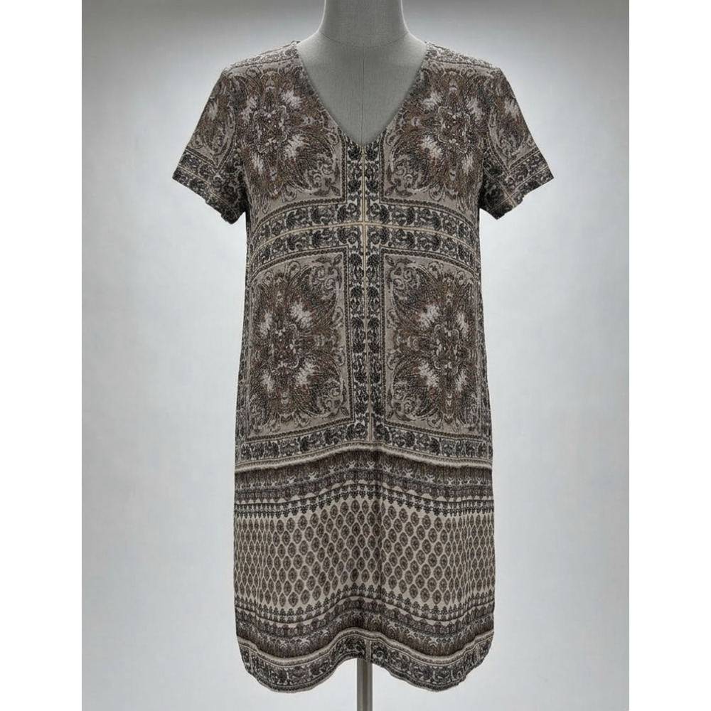 Hinge Dress Size S Brown Yellow Pink Shift Short Sleeve Knee Length Boho Artsy
